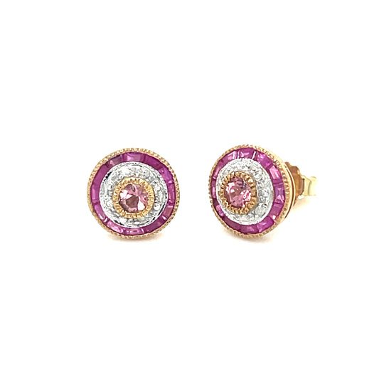 Natural Tourmaline, Rubies & Diamonds Stud Earrings