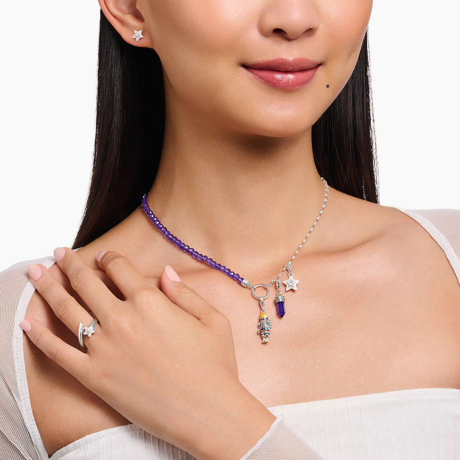 Silver Charm Necklace With Violet Beads