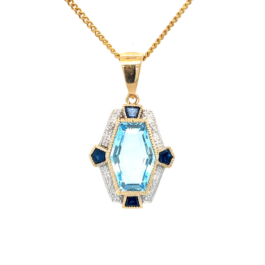 Natural Blue Topaz, Sapphire & Diamond Pendant