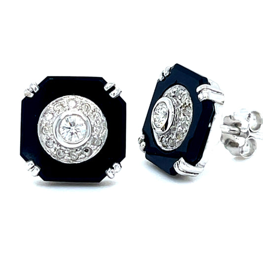 Natural Onyx & Diamond Stud Earrings