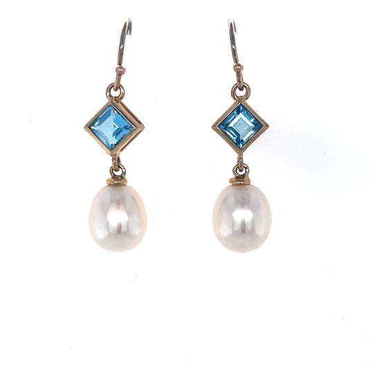 Blue Topaz & Pearl Hook Earrings
