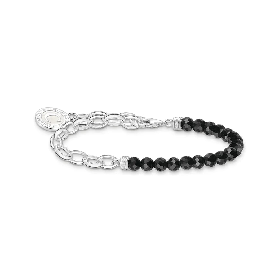 Charm Bracelet With Obsidian Beads And Chain Links Silver